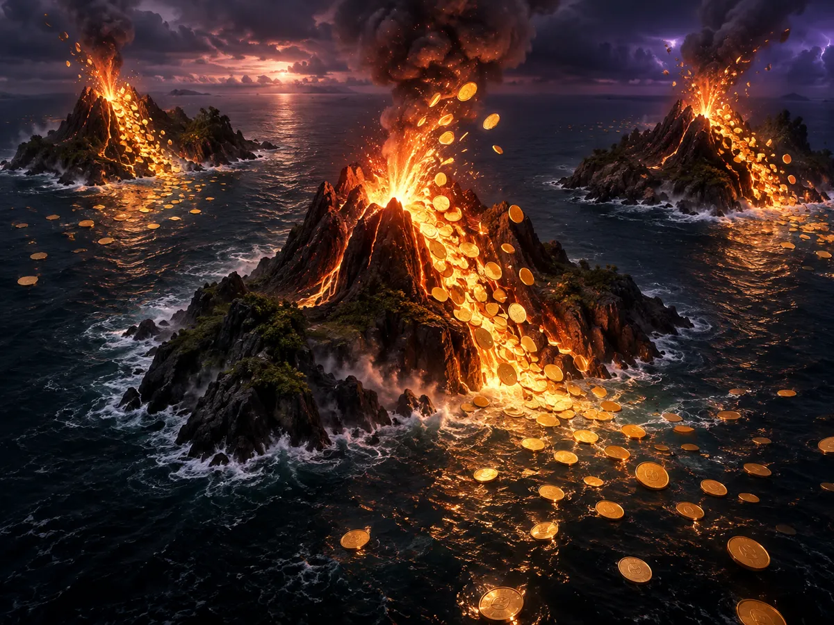 Original aerial art of three volcanic islands erupting blank metallic discs