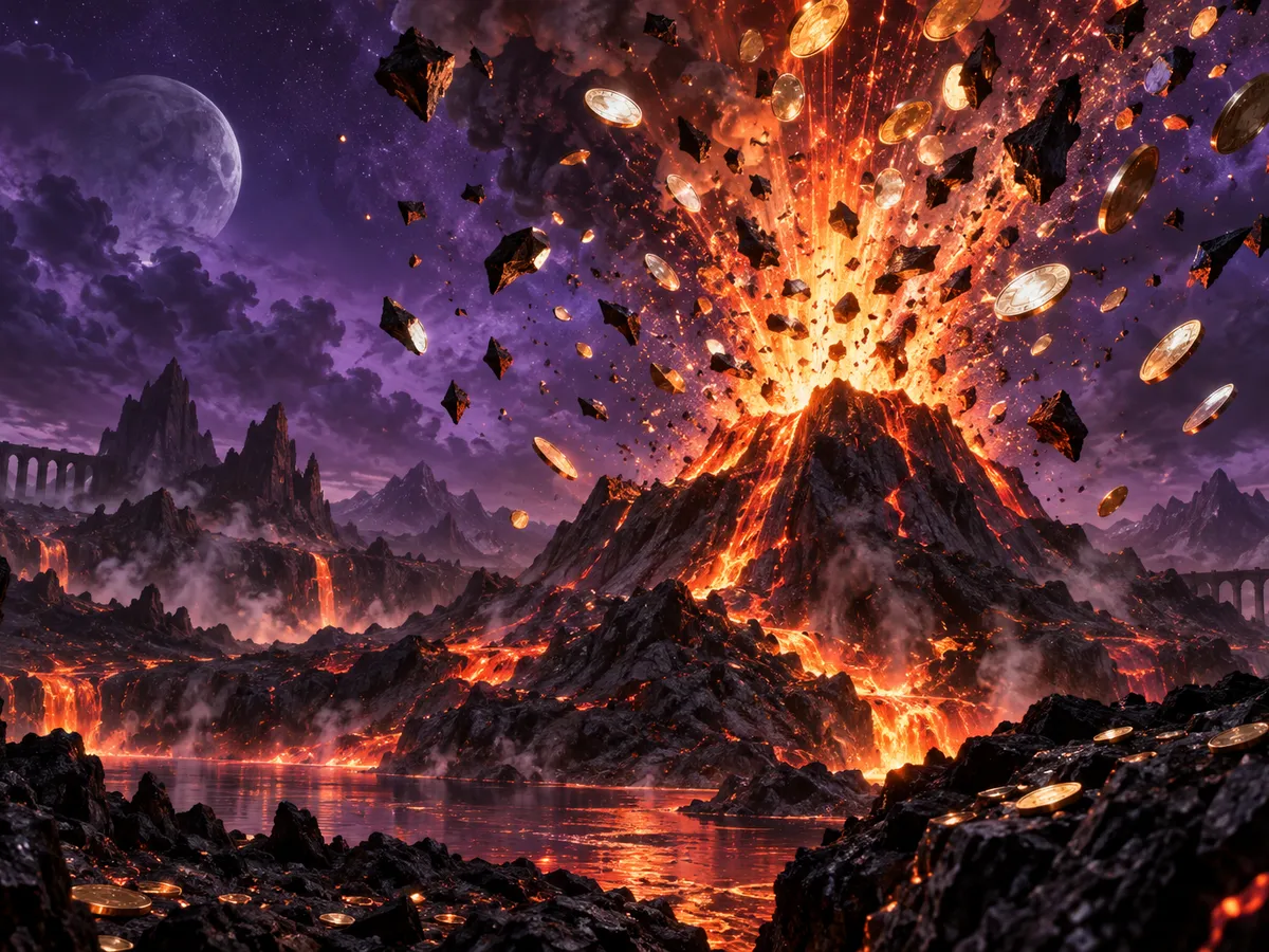 Original editorial art of a volcano erupting incandescent blank metal discs