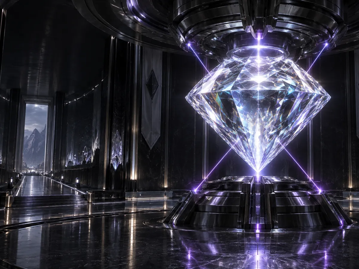 Original editorial art of a giant diamond core energising a dark high-tech vault