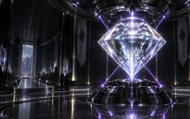 Original editorial art of a giant diamond core energising a dark high-tech vault