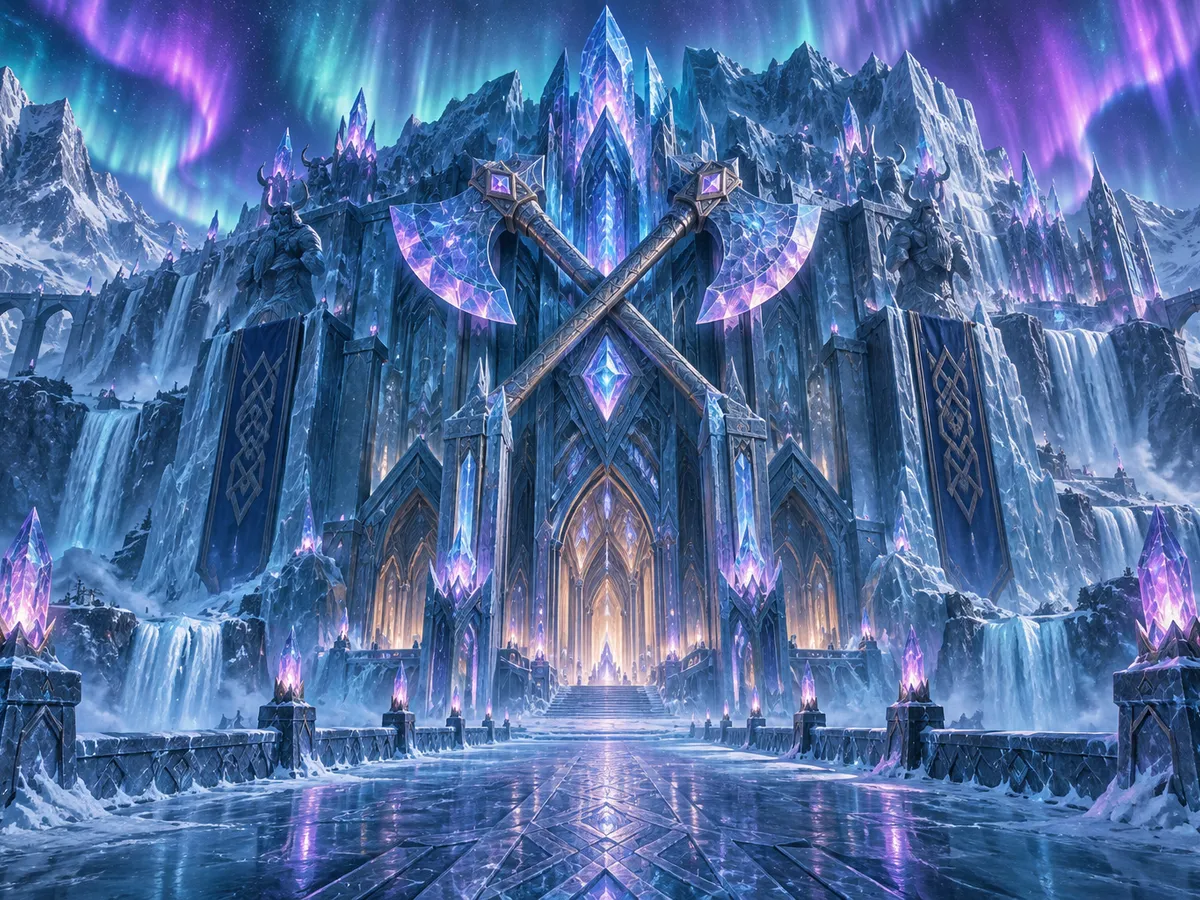 Original editorial art of a crystalline Viking hall beneath a violet aurora