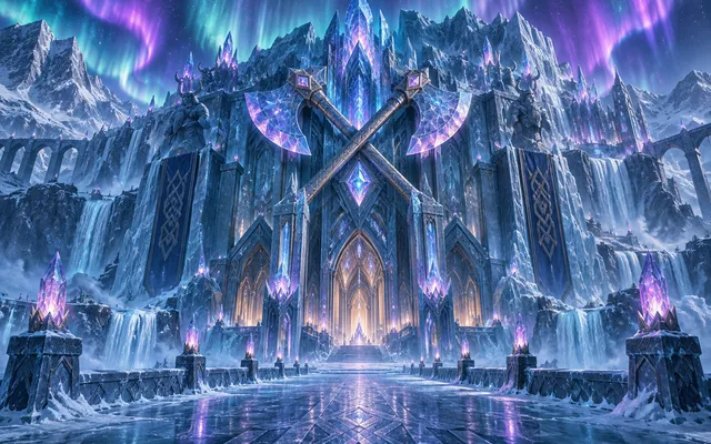 Original editorial art of a crystalline Viking hall beneath a violet aurora