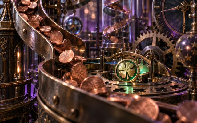 Original editorial art of copper pennies moving through a clockwork luck machine