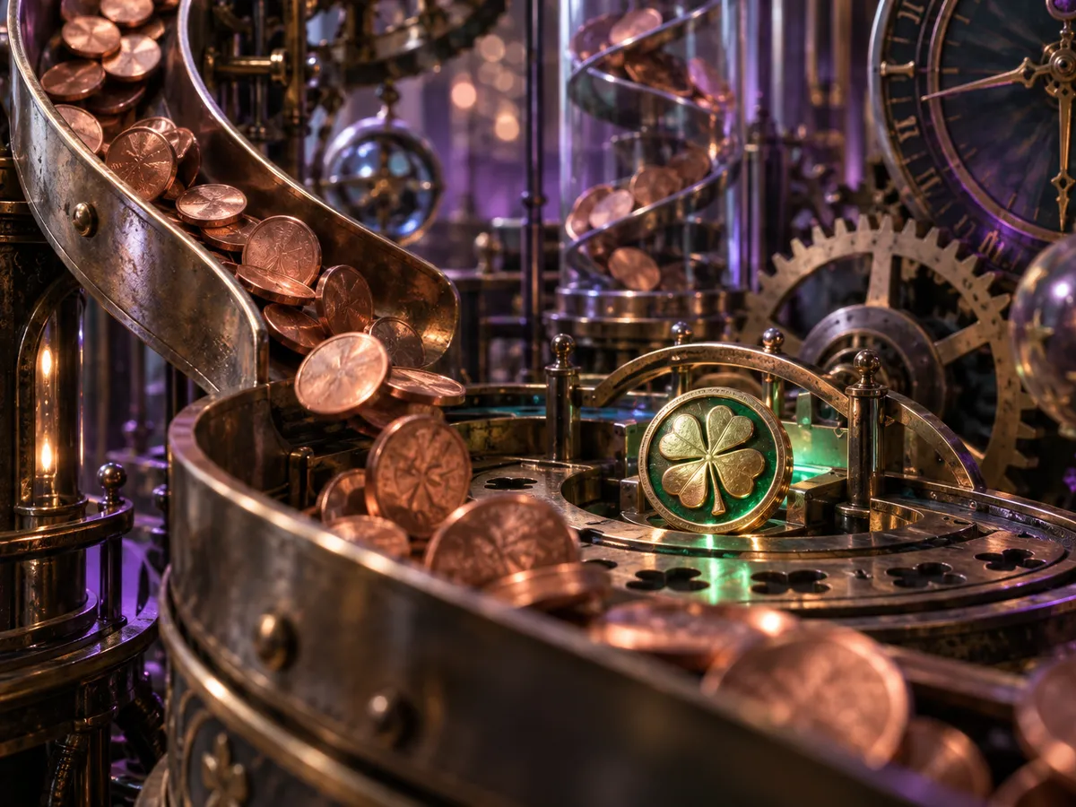 Original editorial art of copper pennies moving through a clockwork luck machine