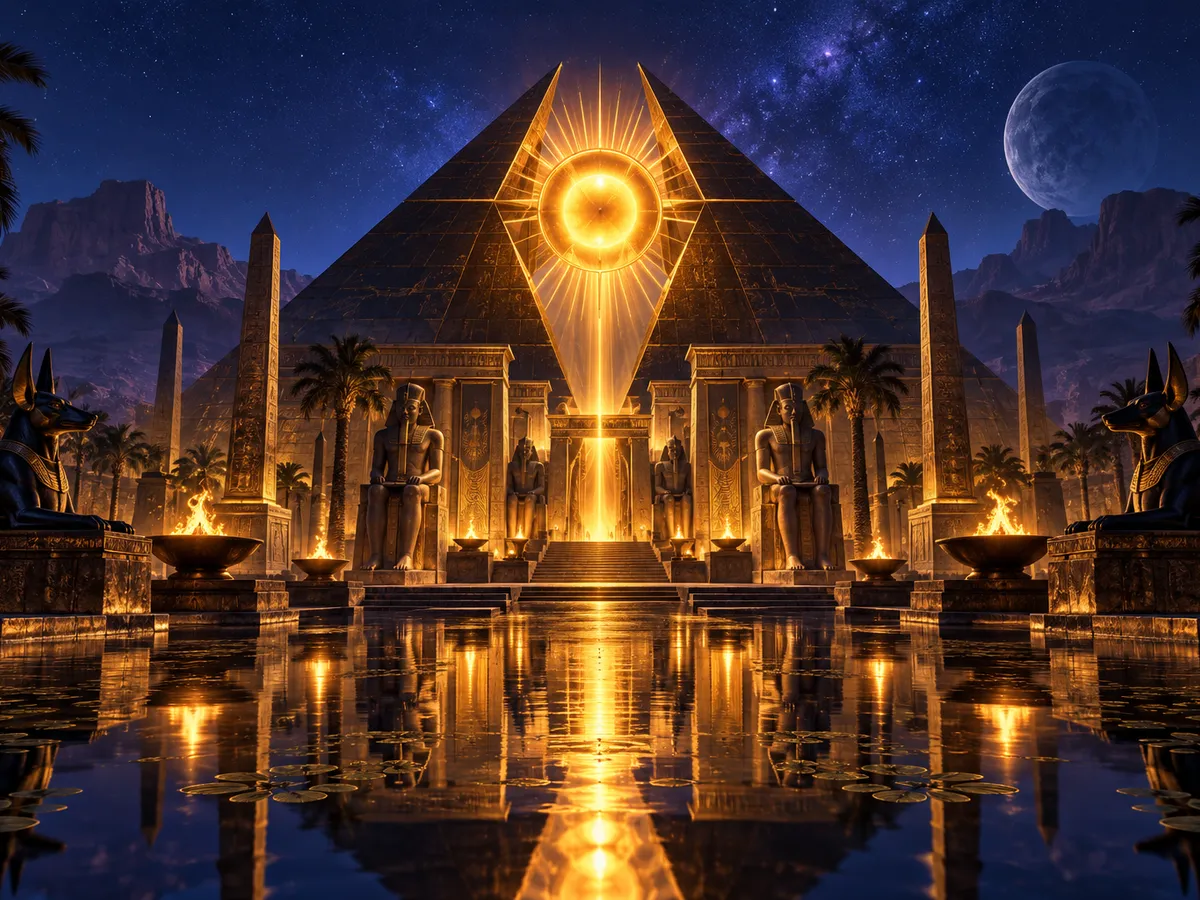 Original editorial art of an obsidian pyramid with a radiant solar eye