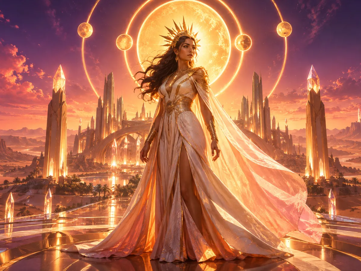 Original editorial art of a radiant solar princess before a futuristic desert palace
