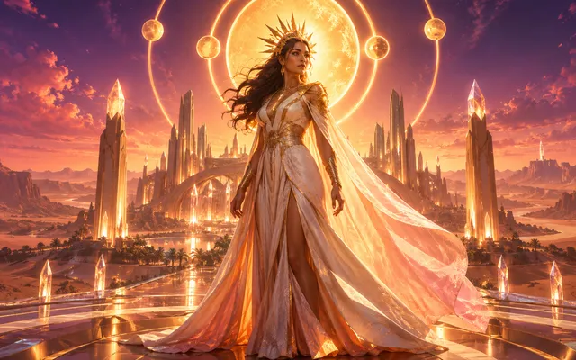 Original editorial art of a radiant solar princess before a futuristic desert palace