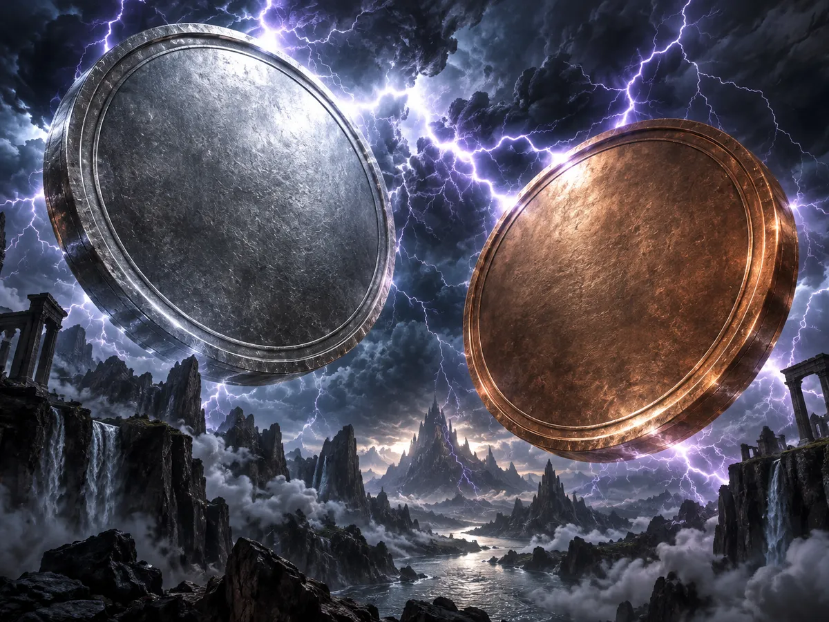 Original editorial art of enormous blank silver and copper medallions in a lightning storm